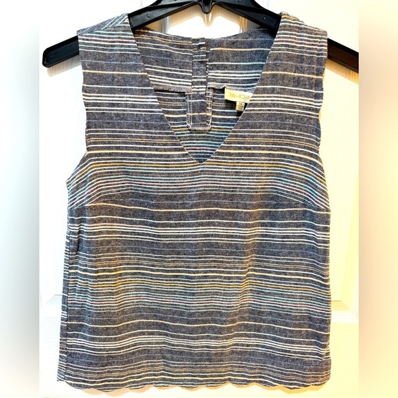Modcloth Gray Pink Blue Striped Sleeveless Linen blend scalloped hem top - Picture 1 of 7